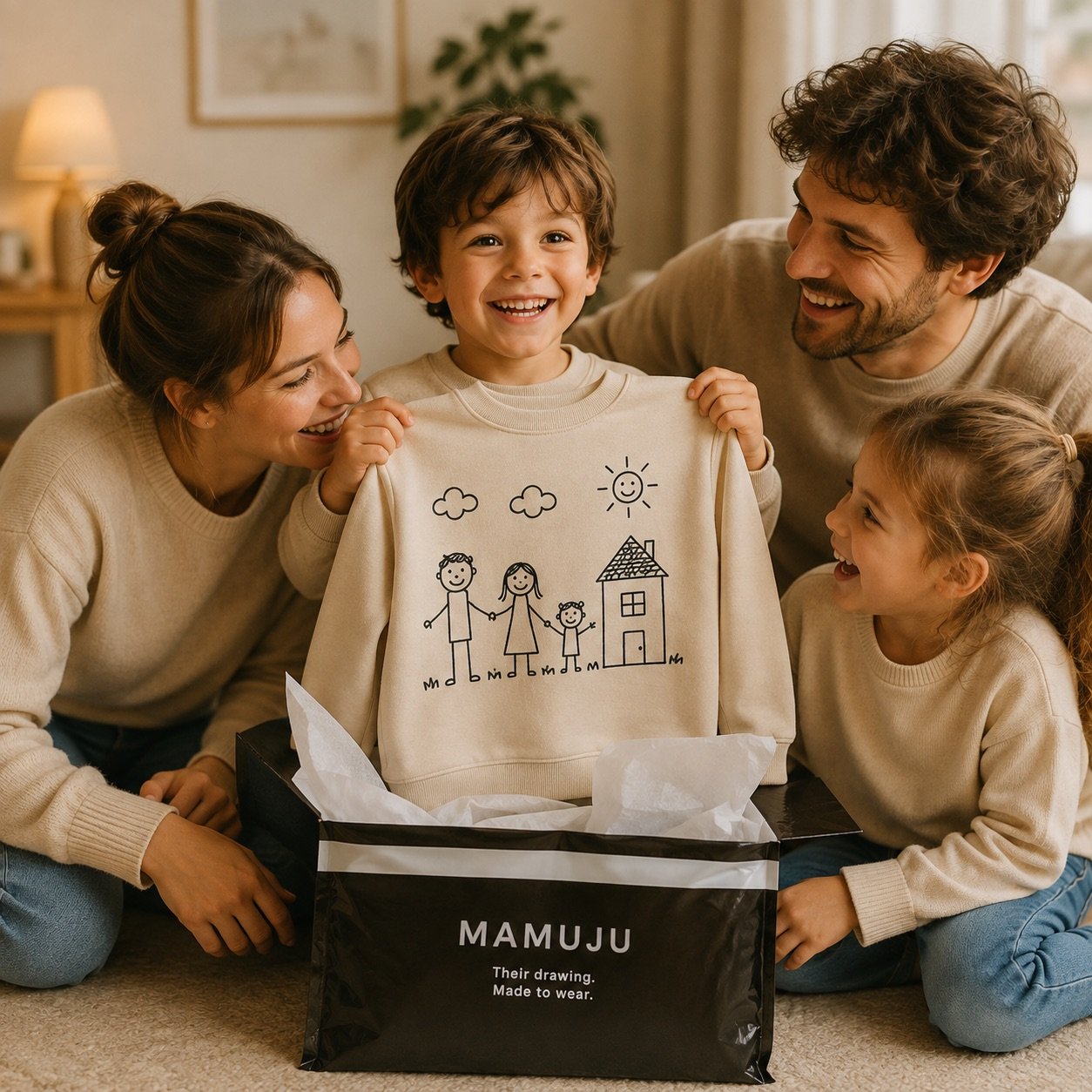 Mamuju sweater met een gezinstekening erop